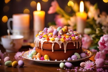 An Easter cake as the centerpiece of a festively decorated table, surrounded by candles and the beauty of spring flowers, infusing the scene with festive joy
