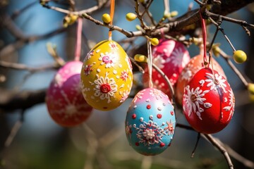 The soft glow of spring accentuates the vivid colors of hanging Easter eggs