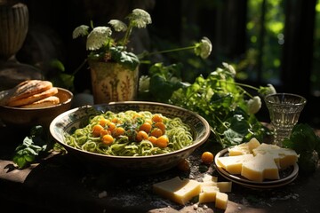 Gnocchi in pesto sauce in a secret garden in Milan, with sources and statues., generative IA - obrazy, fototapety, plakaty