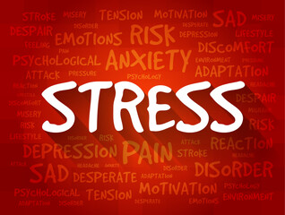 Stress - any type of change that causes physical, emotional or psychological strain, word cloud concept background