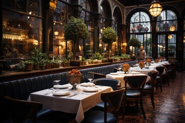 Obraz premium Ossobuco in a traditional Milan restaurant, with crystal chandeliers and luxurious furniture., generative IA