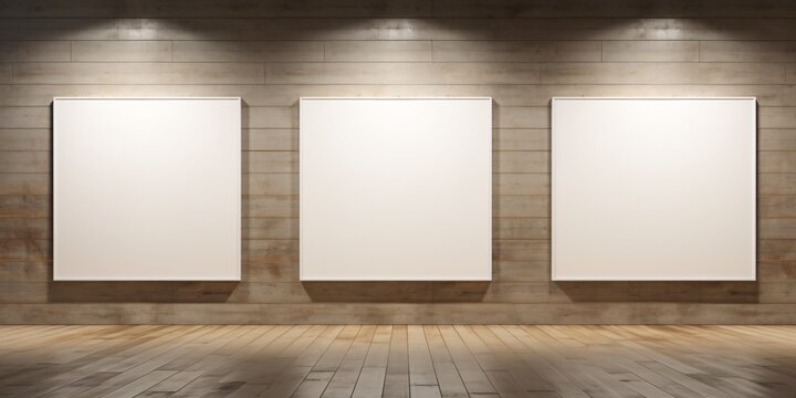 Three White Canvases on Wooden Wall Generative AI