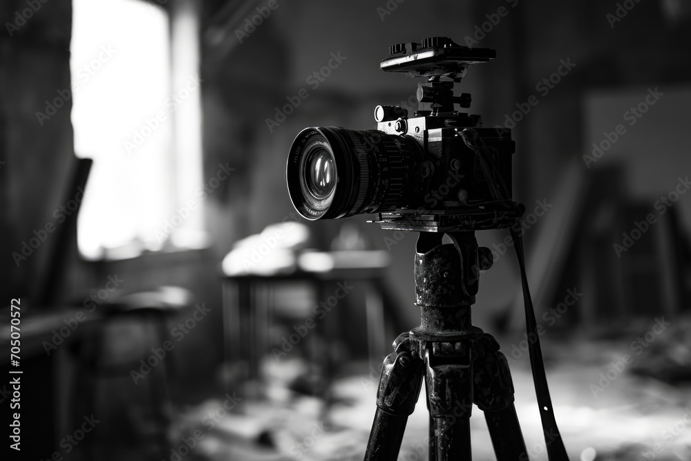 Poster a black and white photo of a camera on a tripod. suitable for various photography-related projects