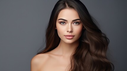 Portrait of beautiful young woman with natural makeup on black background. AI generated image
