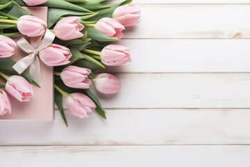 Bunch of tulips, holiday gift box on a white wooden background. There is empty space on the side of the photo for text and advertising. Holiday banner.Flat lay. Top view