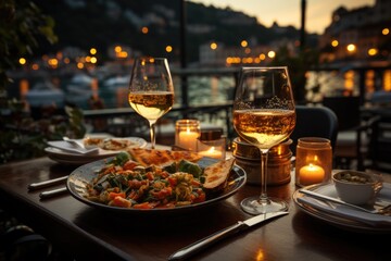 Genoese pesto at an outdoor dinner in Portofino, with luxurious yachts enlightened in Porto.,...