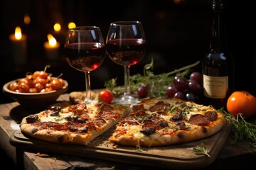 Funghi pizza in a wine celebration in a Tuscan winery, with aging barrels., generative IA