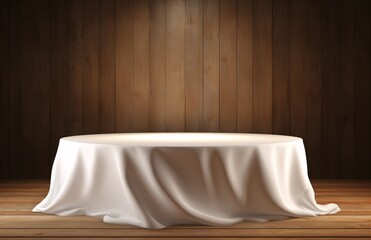 Fototapeta na wymiar A white tablecloth draped over a wooden table Generative AI