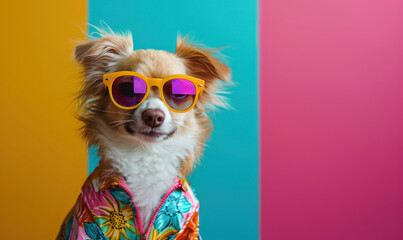 fashionable dog wearing sunglasses and floral outfit