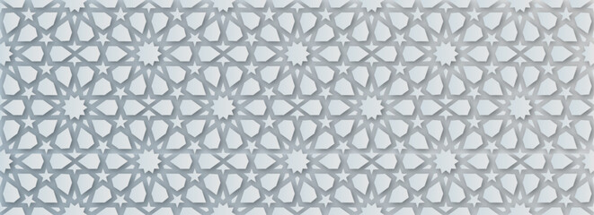 Islamic Ornament Vector. White soft grey blue background. Light shadow 3d ramadan eid arabic geometric pattern elements motif.