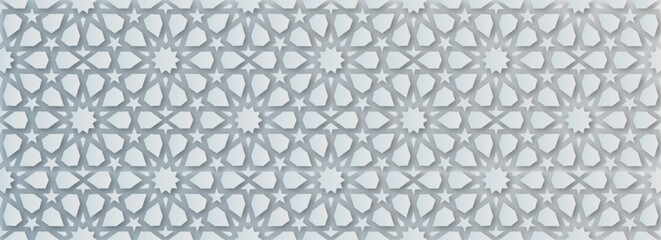 Islamic Ornament Vector. White soft grey blue background. Light shadow 3d ramadan eid arabic geometric pattern elements motif.
