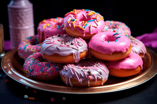 A tray filled with pink donuts sprinkled adorbs. Generative AI