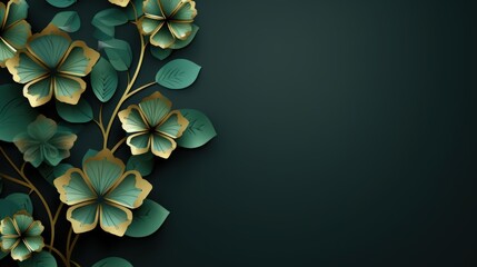 Happy Saint Patrick's Day with green and gold shamrocks clover leaf background. AI generated image - obrazy, fototapety, plakaty