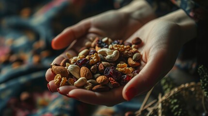 Gourmet Precision Culinary Composition with Nuts and Dried Fruits, Woman's Hand Creating a Healthy Snack