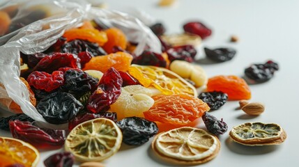 Deliciously Packaged Culinary Art of Dried Fruits in a White-Bag, a Gourmet Snack Delight