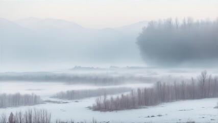 Winter background, winter landscape with forest near the river in the morning in the fog
