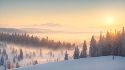 Winter forest in the morning during sunrise, sunlight penetrates the fog, warm colors