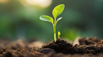 Fototapeta premium Sprouts of young plants sprout from the soil in sunlight