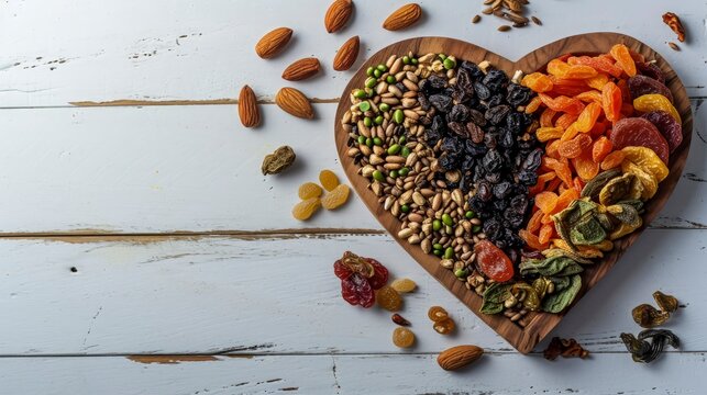 A Heart's Bounty Vibrant Dried Fruits and Grains on a Heart-Shaped Board, a Nutrient-Packed Culinary Showcase