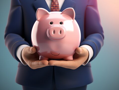 A man wearing a suit holding a pink piggy bank Generative AI