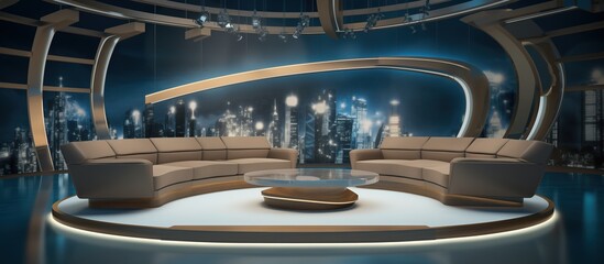 Obraz premium news studio set with glimmering lights and couches
