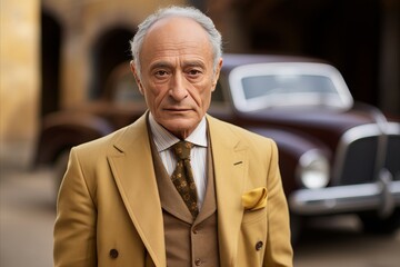 Middle-aged British Man in Respectable Suit with Limousine in Background. Engaging Gaze