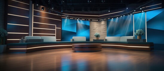 news studio set with glimmering lights and couches - obrazy, fototapety, plakaty