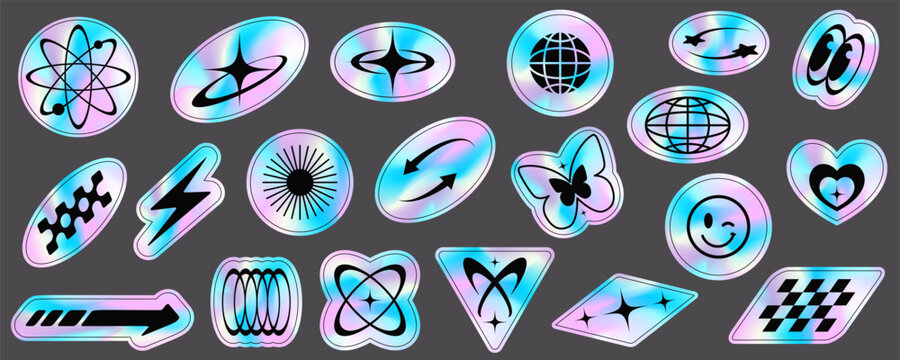 Y2k holographic stickers set. Retro gradient foil shapes and futuristic labels. 2000s rave neon collection. Textured graphic space badges. Vector.