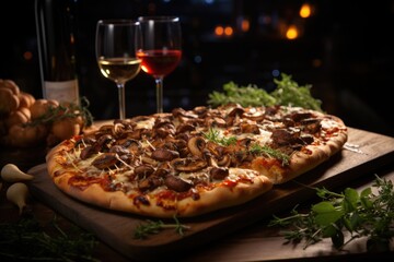 Funghi pizza in a wines celebration in a winery in the umbria, with mature grapes., generative IA