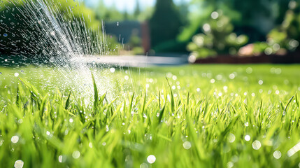 Sunlit green meadow with automatic watering in summer. A vibrant stock photo capturing the essence of lush landscapes and agricultural technology