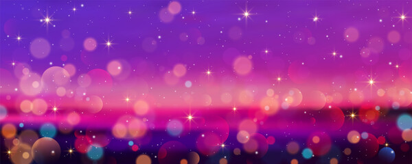 Purple background with bokeh and glitter. Golden glitter and stars sparkles on pinky night sky. Bright glow dreaming wallpaper. Vector illustration