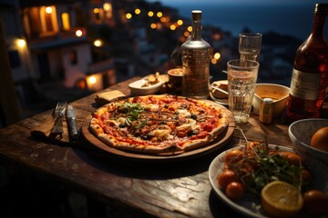Pizza de Pepperoni in a seaside pizzeria in Positano, with colored houses on the slope., generative IA