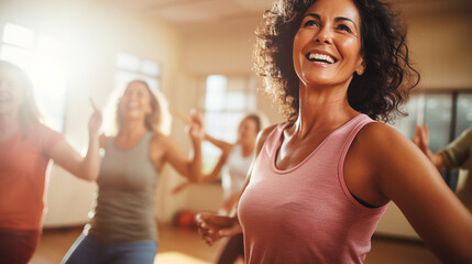 Middle-aged women enjoying a fun class in a dance sports group, expressing their active lifestyle through Zumba, and in front of them all is one woman who smiles genuinely, radiating health - obrazy, fototapety, plakaty