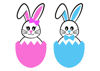 Cute easter bunny boy and girl. children's illustration. simple flat color design. isolated