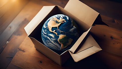 A recyclable cardboard box enclosing an Earth globe, emphasizing the importance of environmental sustainability. - obrazy, fototapety, plakaty