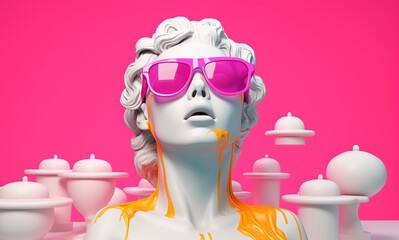 A statue of a woman wearing pink sunglasses and a pink dress with a dripping substance on her face and neck. Generative AI - obrazy, fototapety, plakaty