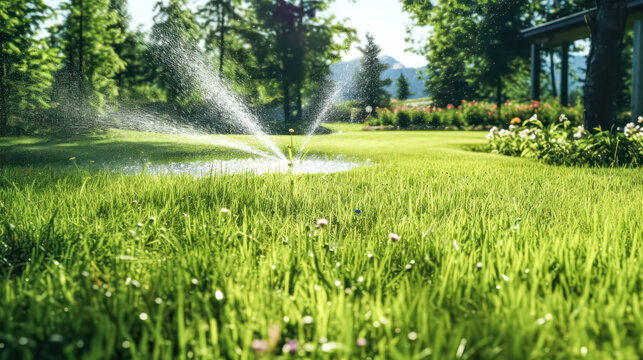 Sunlit green meadow with automatic watering in summer. A vibrant stock photo capturing the essence of lush landscapes and agricultural technology