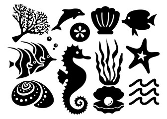Seashell set, sea life. black silhouette of exotic animals in the ocean. dolphin, fishes, shells, underwater marine wildlife