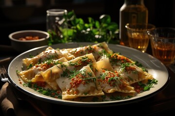 Ravioli stuffed with cheese at a lunch with friends in a Tuscan village with vineyards., generative IA