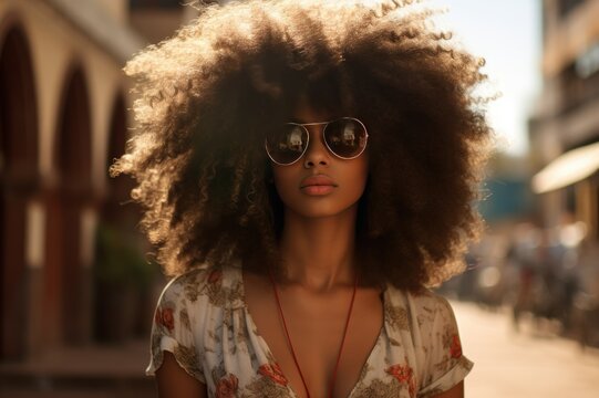 Stylish Afro woman in sunglasses on city street. Urban fashion portrait, summer lifestyle.
