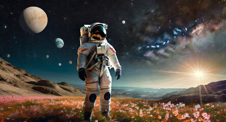 Astronaut walking on a planet of forever spring