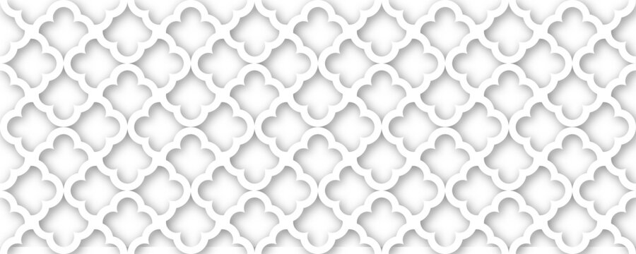 Islamic Ornament Vector. White background. Light shadow 3d ramadan eid arabic geometric pattern elements cloud round motif.