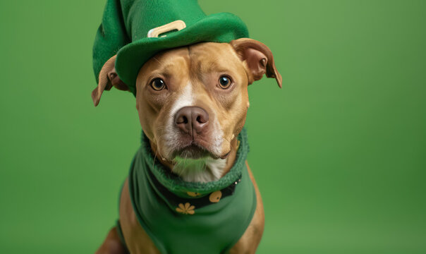 festive pitbull  dog portrait in green leprechaun costume and hat 