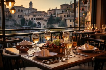 Carbonara Spaghetti in a romantic restaurant in Verona, overlooking the arena., generative IA