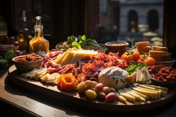 Cheese board and Italian ham in a historic square of Florence, with Renaissance statues and architecture., generative IA - obrazy, fototapety, plakaty