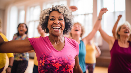 Middle-aged women enjoying a fun class in a dance sports group, expressing their active lifestyle through Zumba, and in front of them all is one woman who smiles genuinely, radiating health