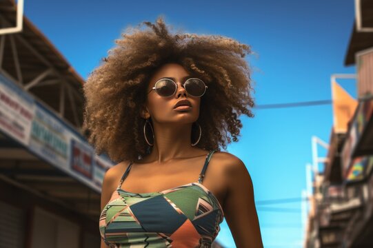 Stylish Afro woman in sunglasses on city street. Urban fashion portrait, summer lifestyle.