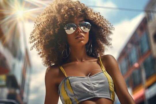 Stylish Afro woman in sunglasses on city street. Urban fashion portrait, summer lifestyle.