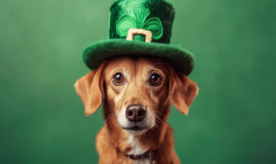 festive  golden retriever dog  dressed   in green leprechaun costume and hat  