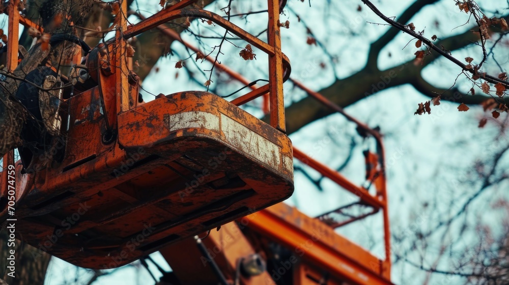Poster a cherry picker suspended from a tree, providing a unique perspective. can be used to depict constru